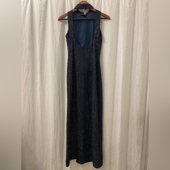 Caché Vintage BodyCon Evening Dress Side Slit Glitter Polka-Dot Navy Size 8 - Picture 3 of 9
